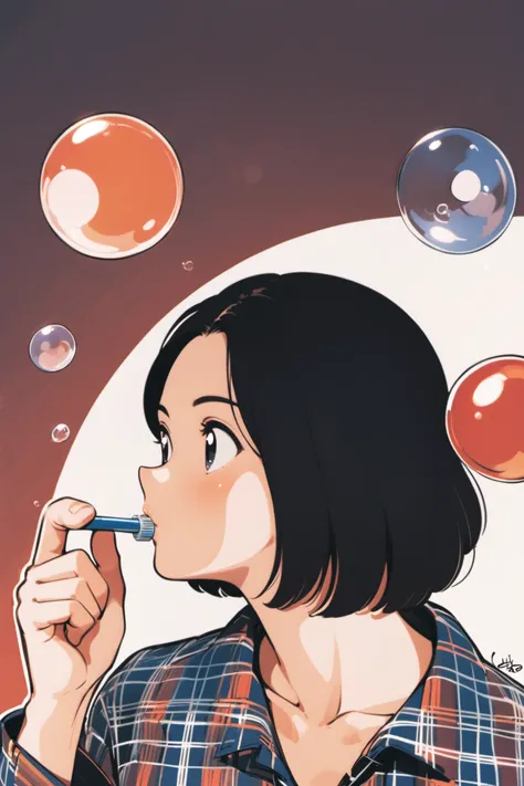 1girl, solo, shirt, bubble blowing, black hair, upper body, plaid, plaid shirt, collared shirt, simple background, short hair, white background, holding, blowing, bangs, black eyes, bubble, toothbrush, signature, hand up, <lora:Adachi_XL:0.8>