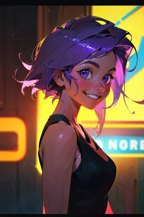 1girl, purple hair, tank top, grin smile, fashion model, looking at viewer,
walking in city street, crowded street, out of focus background,
(neon_pop art style), (photo realistic:1.5), (cinematic lighting:1.2),