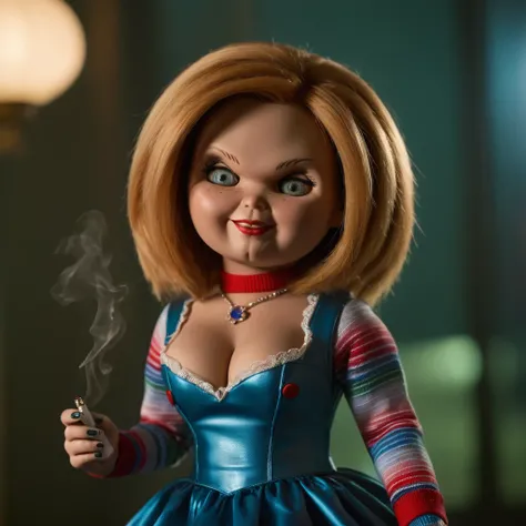 cinematic film still of  <lora:Chucky:1>
Chucky,Charles Lee "Chucky" Ray,antagonist,Horror,serial killer,doll,animatronic,a woman dressed in a blue dress holding a cigarette,1girl,solo,breasts,smile,blonde hair,dress,cleavage,jewelry,medium breasts,green e...