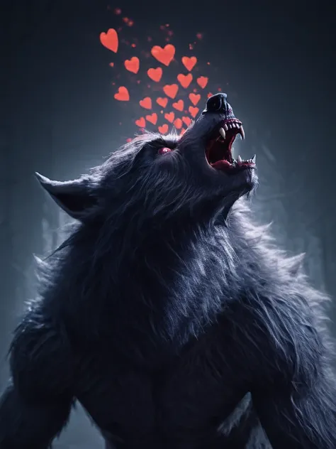 photo of a werewolf howling, lovelyairxl, floating heart effect <lora:Floating_Hearts_Effect:1> <lora:Modern_Werewolf:1>