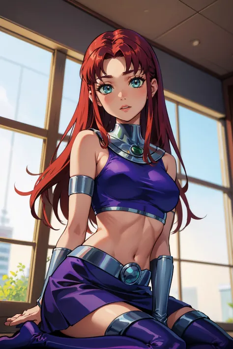 masterpiece, best quality, 1girl, solo, looking at viewer, breasts, <lora:starfire-guy-v2:1>, starfire, orange skin, red hair, gorget, crop top, armlet, vambraces, midriff, skirt, purple skirt, thigh boots, sitting, seiza, indoors, window,