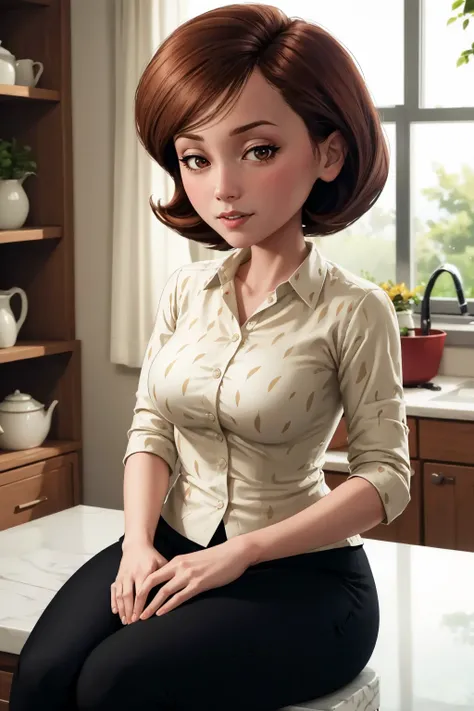 masterpiece, best quality, 1girl, solo, looking at viewer, breasts, <lora:helenparr-guy-v3:1>, helenparr, polka dot, collared shirt, dress shirt, buttons, black pants, sitting, indoors, kitchen, sitting, hands on lap, depth of field,