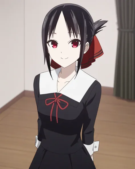 best quality,masterpiece,highres,1girl,solo,newest,rating: general, looking at viewer ,   <lora:Kaguya_XL-step00001200:0.9> ,(kaguya, bangs, black hair, red eyes, sidelocks, shinomiya kaguya,folded ponytail,parted bangs),hair ribbon, ribbon, red ribbon, , ...