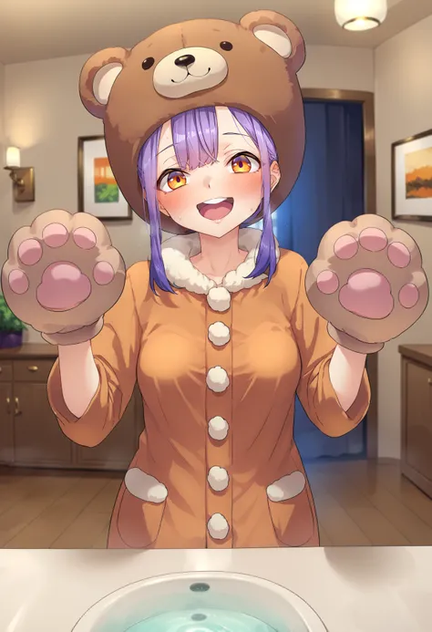 score_9, score_8_up, score_7_up, best quality, masterpiece, uncensored, source_anime
BREAK
1girl, :d, animal costume, animal hands, animal hat, bear costume, bear hat, blush, female focus, small breasts, gloves, hands up, hat, mature female, looking at vie...