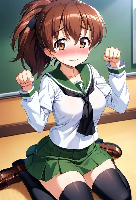 1girl, solo, koyama yuzu, girls und panzer, school uniform, green skirt, white shirt, black neckerchief, thighhighs, loafers
blush, embarrassed, sitting, wariza, paw pose, looking at viewer
masterpiece, best quality
<lora:Ani_koyamayuzu_1t:0.7>