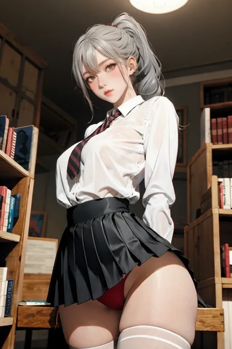 bookstore, 1girl, JK, solo, from below, cowboy shot, standing split, arms-crossed-behind-back, detailed eyes, detailed face, silver hair, curly ponytail, brown eyes, (masterpiece, best quality:1.1), (oiled skin:1.2), aroused. excited, blush, see-through, w...