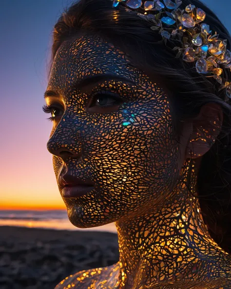 by Deborah Butterfield, Andy Goldsworthy, Xavier Puente Vilardell, close up transparent neon girl silhouetted liquid epoxy holographic garland sculptural face portrait, bioluminescence, light inside body, sunset sky, clouds, double exposure installation, b...