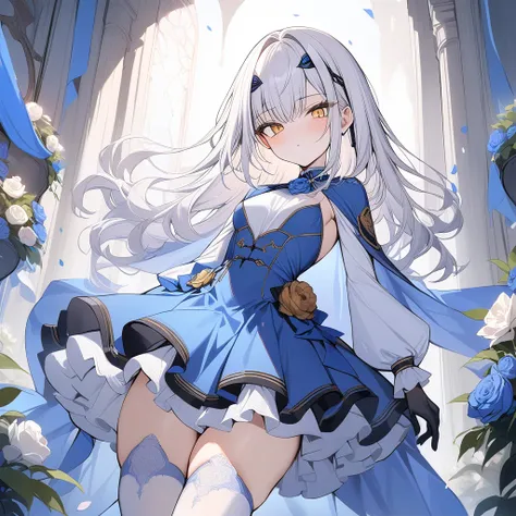 masterpiece,best quality,Melusine,1girl,solo,white hair,yellow eyes,looking at viewer,thighhighs,gloves,white thighhighs,dress,blue dress,frills,black gloves,thighs,long sleeves,petals,flower,cape,<lora:Melusine_SDXL_V1:0.9>,