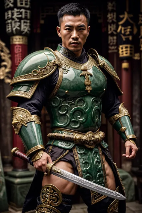 photo of a (chinese man), wearing jade knight armor, (holding sword), muscular, <lora:Clothing - Jade Armor:0.6>, realistic, masterpiece, intricate details, detailed background, depth of field