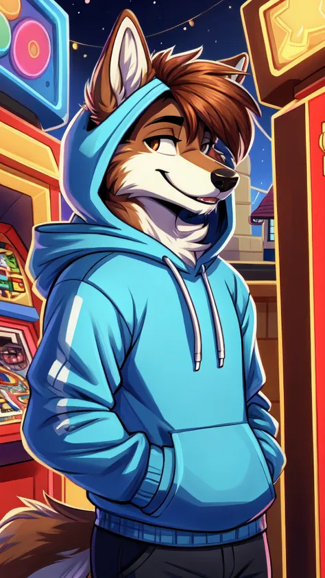 Retro arcade style anthropomorphic, wolf, fur, furry, male, detailed tail, detailed fur, detailed face, perfect face, perfectly rendered face, correct eyes, brown eyes, brown hair, brown fur, hairstyles, detailed muzzle, detailed mouth, detailed fur, five ...