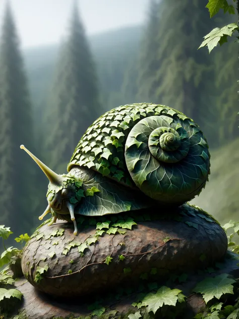 mad-efeu snail on stone , forest in background <lora:Ivy_SDXL:1.1>, (masterpiece:1.2), best quality, (hyperdetailed, highest detailed:1.2), high resolution textures