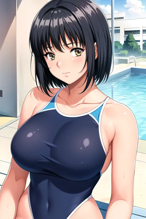 School, Pool, Water, 
blue one-piece swimsuit, competition swimsuit, 
<lora:Asami_Onohara_WifeHighSchoolGirl-KK77-V1:0.7>,
yellow eyes, black hair,bangs,short hair,
<lora:Oda_Non_Style-KK77-V2:0.3>,<lora:more_details:0.1>,
1 girl, 20yo,Young female,Beautif...