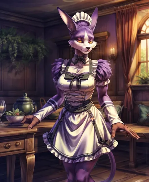 miadothack, detailed background, female, maid uniform, <lora:Miadothack021-200-Polyfur:1>