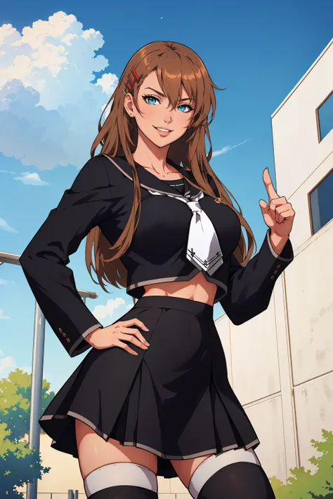 masterpiece, best quality,  <lora:hiiragiasuka-nvwls-v1-000009:0.9> hiiragi asuka, hairpin, black serafuku, black shirt, long sleeves, black skirt, white thighhighs, wink, hand on hip, finger to mouth, cowboy shot, smile, blue sky