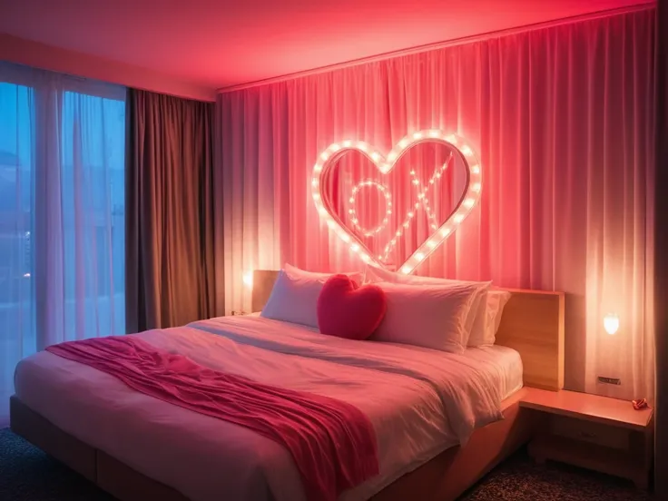 <lora:JJsLoveHotel_XL:.5> ((Love Hotel)) ,realistic, best quality, masterpiece , ((soft lighting)), heart, silk, reflection,night, mirror, window, curtains, ((a romantic scene))  ,RAW photo, (high detailed), dslr, high quality, (ultra realistic), Fujifilm ...