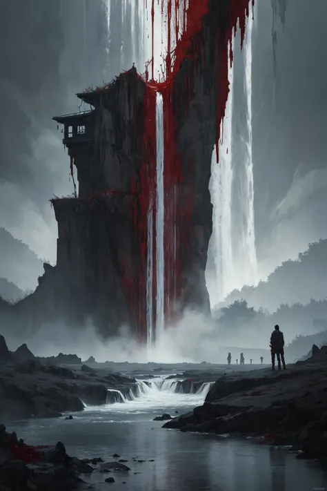 a landscape of a waterfall of blood,
 masterpiece, highly detailed,
horror, dark,