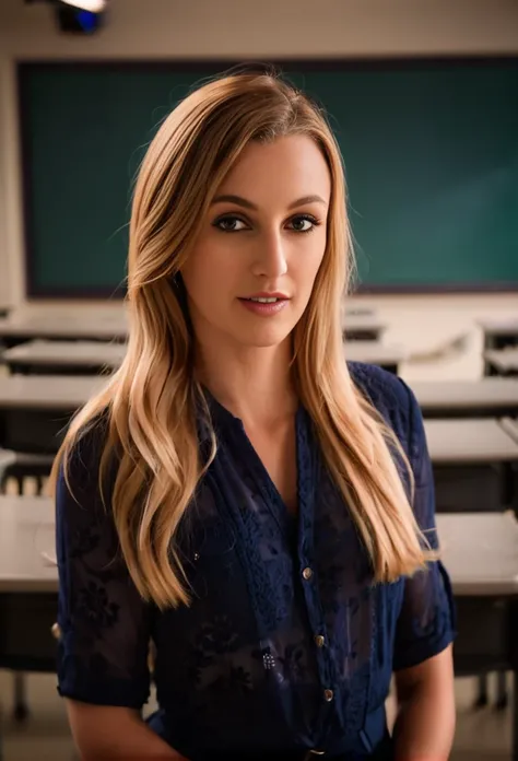 cinematic film still closeup of alexagrace as a teacher, empty classroom <lora:alexagrace:1> . shallow depth of field, vignette, highly detailed, high budget, bokeh, cinemascope, moody, epic, gorgeous, film grain, grainy