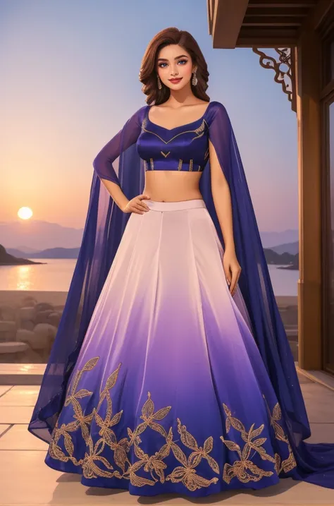 full body photo, adult woman, (brown hair:1.3) smile, sexy, l3h3ng4_1, purple satin organza ombre long lehenga with floral embroidery using sequins, padded cape sleeve blouse,<lora:l3h3ng4_1-12:0.6>, sunrise outdoors background:1.2