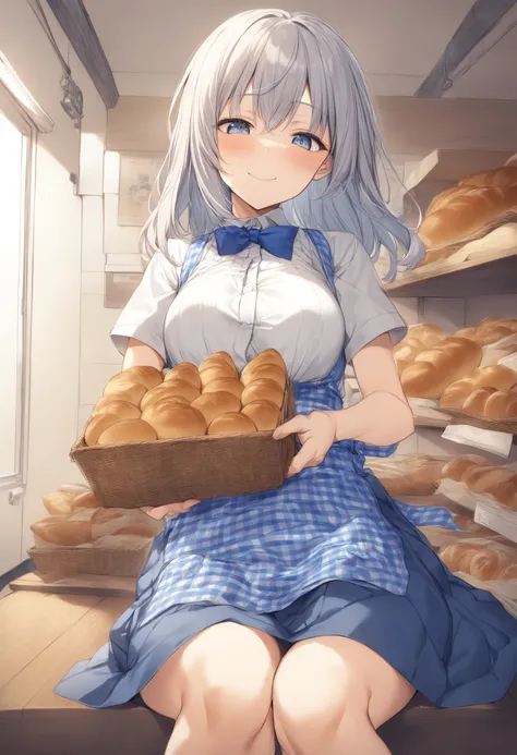 1girl, <lora:sdxl2-flat2-512b:-1>,medium breasts,
<lora:kobeyaXLv1:0.8>,kobeya uniform,blue skirt, blue neckwear, gingham apron, Bakery,
ceiling, feet out of frame, looking down, teasing smile,  closed mouth,
best quality,medium quality,