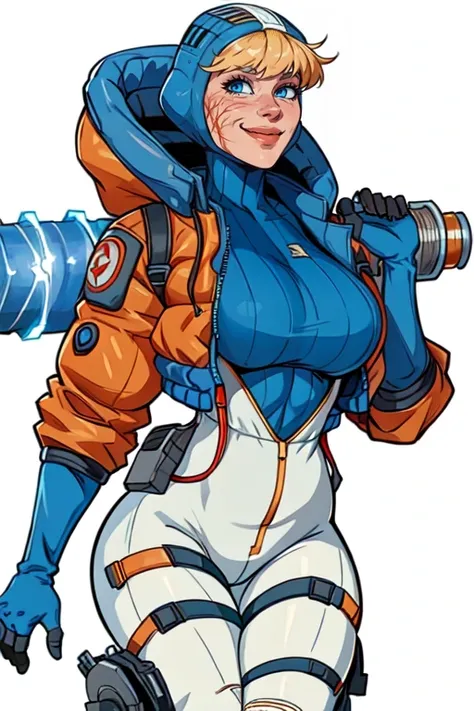 masterpiece,best quality,extreme detail,8k,white background,<lora:wattson:0.8>,wattson,1girl,solo,breasts,smile,bangs,blue eyes,blonde hair,gloves,medium breasts,jacket,hood,bodysuit,thigh strap,scar,hooded jacket,scar on face,blue headwear,blue gloves,ele...