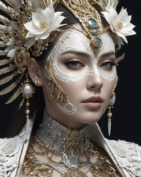 Complex 3 d render of a beautiful fascinating biomechanical female cyborg with a porcelain face, analog, beautiful natural light, rim light, 1 5 0 mm lens, aztec warrior, feathers, piercing, aztec tattoos, white blossoms, vanilla leaves and stems, sinuous ...