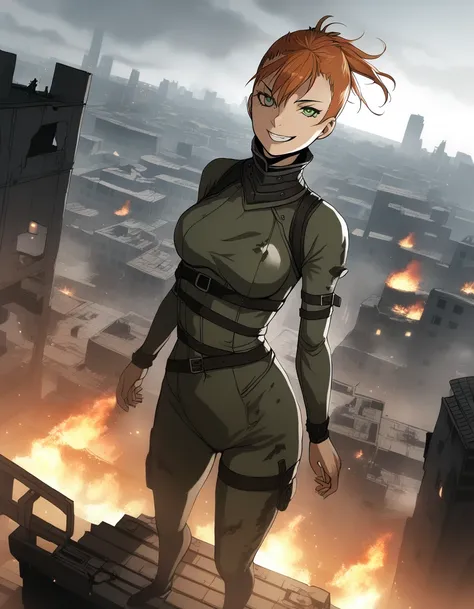 1girl,elizabethgreene,black bodysuit,belts,standing,looking at viewer,wicked grin, <lora:ElizGreeneXL:0.8>,outdoors,on roof,in ruined burning city