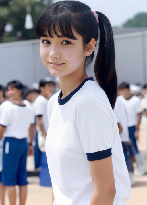 masterpiece,best quality,higher , <lora:JapaneseGymUniform:1> 1girl, plain shirt, solo, gym uniform, realistic, plain white shirt, buruma,beautiful face,face focus,