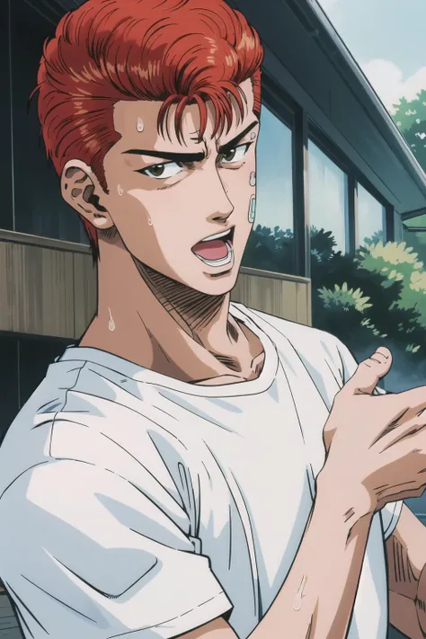 masterpiece,best quality,highres,<lora:Sakuragi Hanamichi1:0.6>,Sakuragi Hanamichi1,1boy,solo,red hair,short hair,open mouth,sweat,shirt,bandaid,white shirt,school,cowboy shot,looking at viewer,hand wave,