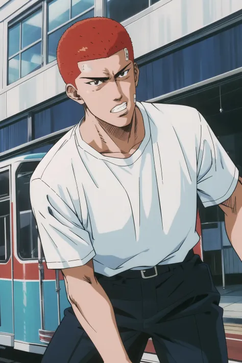 masterpiece,best quality,highres,<lora:Sakuragi Hanamichi1:0.7>,Sakuragi Hanamichi1,school uniform,1boy,solo,cowboy shot,clenched teeth,bandaid,red hair,short hair,looking at viewer,streetcar,black pants,