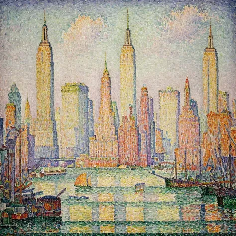 Painting of new york city manhatan AH_Signac<lora:Paul_Signac_Neo-Impressionist_dotted_paintings_Pointillism:1>