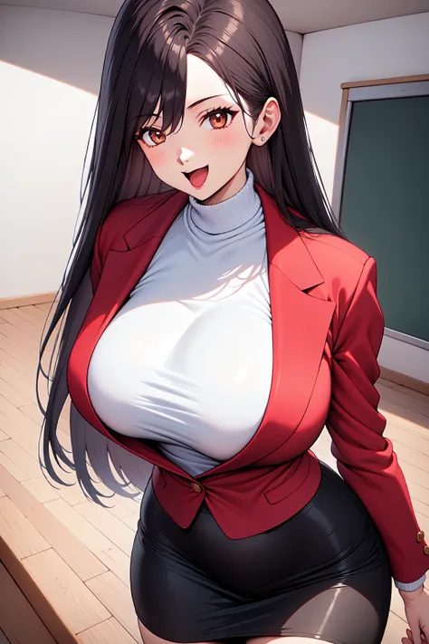 1girl, cowboy shot, classroom, smile, open mouth, 
ooaya_mari, brown eyes, black hair, long hair, hair between eyes, red jacket, white  sweater, turtleneck, black pencil skirt, <lora:ooaya_mari_lora_ver1:0.7>, best quality, masterpiece, highres, <lora:Good...