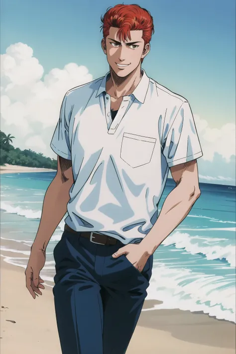 masterpiece,best quality,highres,<lora:Sakuragi Hanamichi1:0.6>,Sakuragi Hanamichi1,1boy,solo,red hair,short hair,school uniform,beach,cowboy shot,walking,looking at viewer,happy,