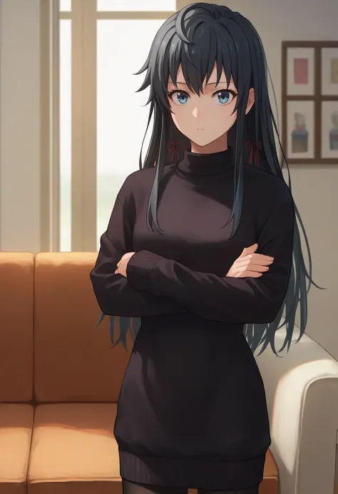 score_9, score_8_up, score_7_up, source_anime, solo, 1girl, yukinoshita yukino, expressionless, looking at viewer, crossed arms, black sweater, sweater dress, black pantyhose, indoors, living room <lora:oregairu_yukinoshita_ponyXL:1>