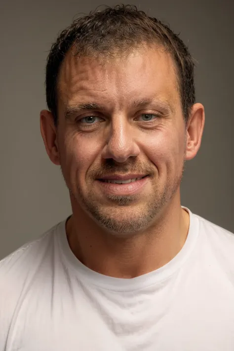 headshot of andrew jenkins, plain pastel background, smirk, white shirt, looking at the camera, <lora:AndrewJenkinsLora:1>