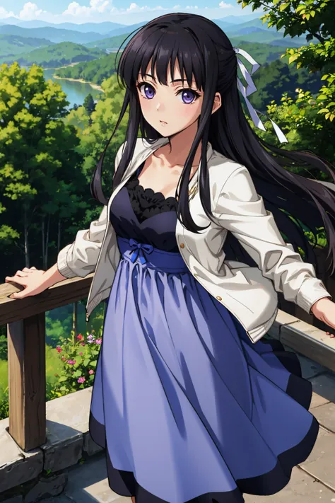 masterpiece, best quality, <lora:migiwakazuha-nvwls-v1-000009:0.9> migiwa kazuha, hair ribbon, purple dress, white jacket, from above, forest, looking at viewer