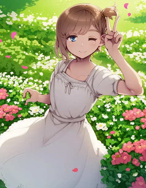 score_9, score_8_up, score_7_up, abubu_style BREAK
1girl, solo, brown hair, side ponytail, white dress, blue eyes, smile, one eye closed, v, leaning to the side, blooming garden, flowers, petals
<lora:abubu_pdxl6:1>