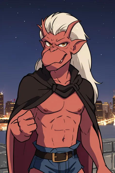 masterpiece, best quality,
1boy, brooklyn, red skin, belt, fangs, gargoyle, loincloth, cape,
upper body, solo, looking at viewer, night, night sky, city background <lora:Brooklyn:1>