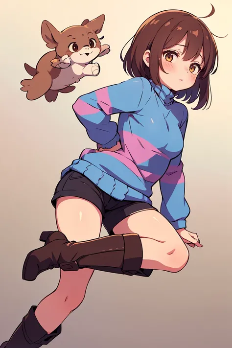 (masterpiece, best quality), 1girl, <lora:frisk:1> Frisk, canon, sfw, ((striped sweater)), turtleneck, shorts, boots, brown hair, short hair, bangs