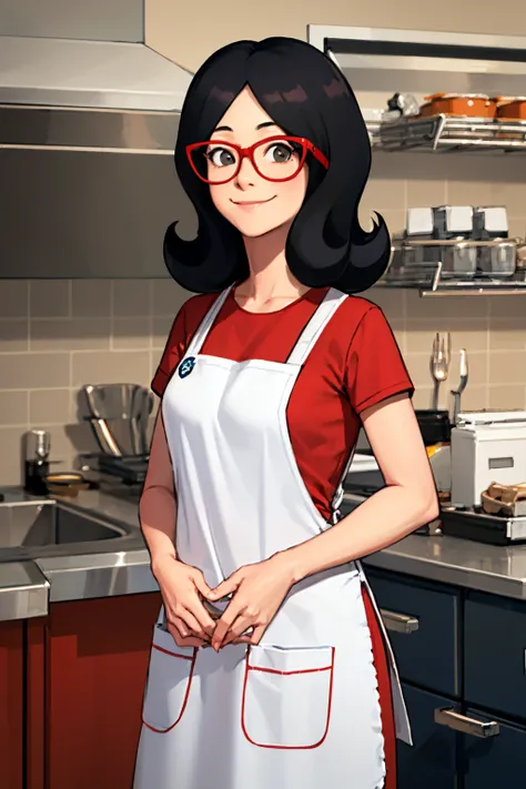 linda, 1girl, black hair, solo, glasses, red-framed eyewear, smile, red shirt, looking at viewer, jeans, black eyes,smile,apron,   <lora:lindaBB1.0:0.7>