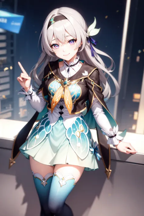 <lora:firefly:1> firefly (honkai: star rail), 1girl, solo, standing, grey hair, long hair, purple eyes, black hairband, jacket, dress, long sleeves, white sleeves, shirt, thighhighs, blue thighhighs, closed mouth, light smile, black thighhighs,