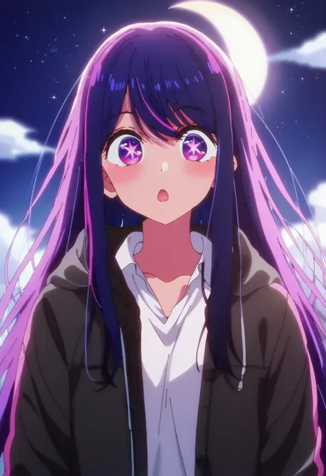 1girl, hoshinoai, solo, <lora:hoshinoai_ponyxl:0.9>, purple hair, purple eyes, long hair, star-shaped pupils, BREAK
jacket, white shirt, open jacket, BREAK
upper body, surprised, big eyes, BREAK
outdoors, night, night sky, starry sky, clouds, crescent moon...