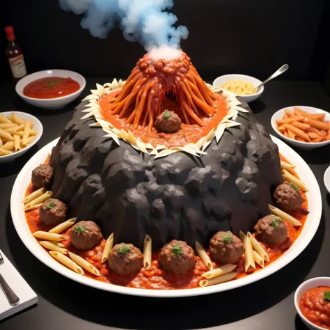 volcano made of , <lora:MMM_Pasta-000009:0.8>, meatballs, steam, penne, marinara lava, prehistoric diorama