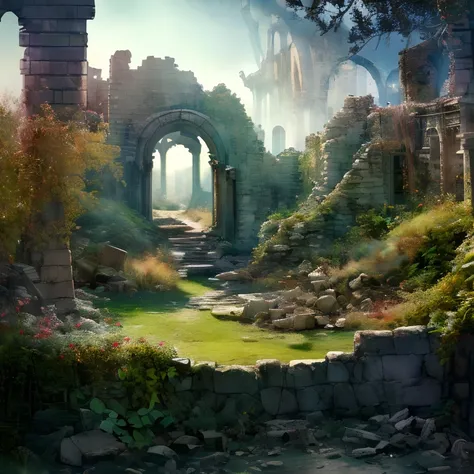 (masterpiece:1.2), (best quality,:1.2), 8k, HDR, ultra detailed, ((photorealistic)), professional light, cinematic lighting, fashion photography, ambient lighting,<lora:detail_slider_v4:3>, overgrown ruins of a settlement on the plains of a magical fantasy...