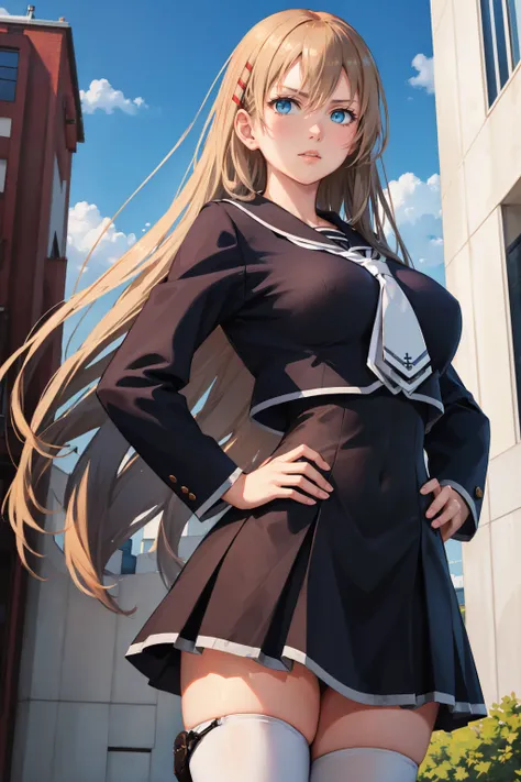 masterpiece, best quality,  <lora:hiiragiasuka-nvwls-v1-000009:0.9> hiiragi asuka, hairpin, black serafuku, white necktie, black skirt, white thighhighs, furrowed brow, serious, hand on hip, from below, blue sky, cityscape