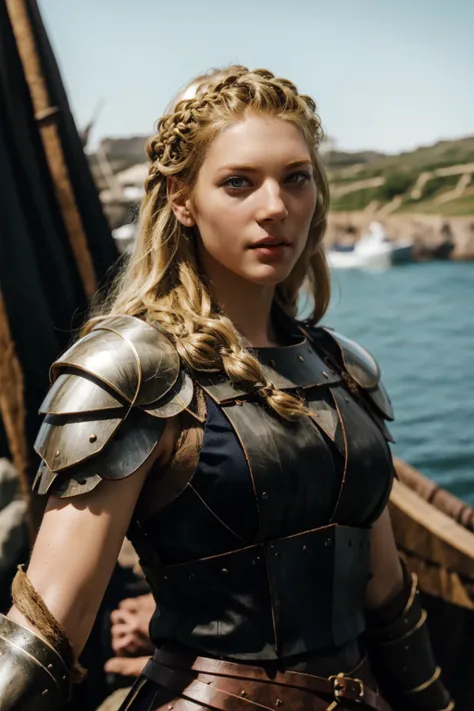 <lora:mondongo_LoRA_KatherynWinnick:1> mndngwmn, blond hair, wearing a viking leather armor, leather pauldrons, on a longboat, braids, (ultra realistic, 8k,high quality), above the waist photo