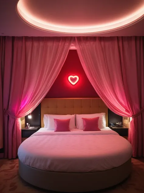 <lora:JJsLoveHotel_XL:.5> ((Love Hotel)) ,realistic, best quality, masterpiece , ((soft lighting)), heart, silk, reflection,night, mirror, window, curtains, ((a romantic scene))  ,RAW photo, (high detailed), dslr, high quality, (ultra realistic), Fujifilm ...