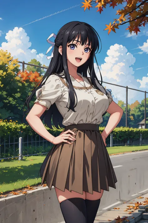 masterpiece, best quality, <lora:migiwakazuha-nvwls-v1-000009:0.9> migiwa kazuha, hair ribbon, white shirt, short sleeves, pleated skirt, black thighhighs, large breasts, hand on hip, stream, fence, blue sky, clouds, autumn, :D