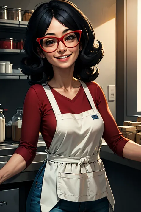 linda, 1girl, black hair, solo, glasses, red-framed eyewear, smile, red shirt, looking at viewer, jeans, black eyes,smile,apron,   <lora:lindaBB1.0:0.65>