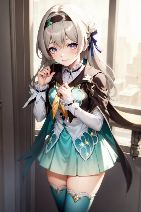 <lora:firefly:1> firefly (honkai: star rail), 1girl, solo, standing, grey hair, long hair, purple eyes, black hairband, jacket, dress, long sleeves, white sleeves, shirt, thighhighs, blue thighhighs, closed mouth, light smile, black thighhighs,