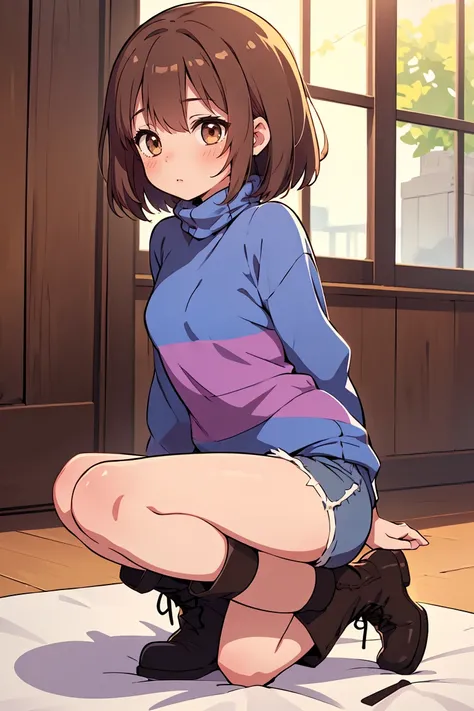 (masterpiece, best quality), 1girl, <lora:frisk:1> Frisk, canon, sfw, ((striped sweater)), turtleneck, shorts, boots, brown hair, short hair, bangs